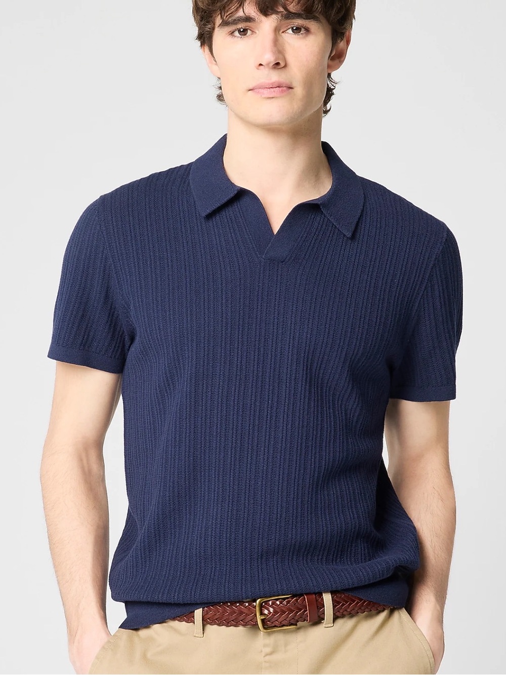J. Crew Factory Men’s Textured Johnny-collar Sweater Polo Navy Blue Size Medium